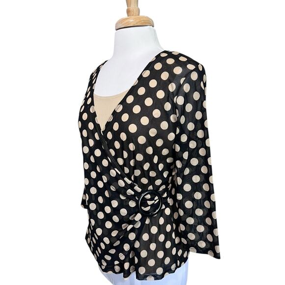 Notations Vtg Y2K Cinched Layered Look Black Tan Polka Dot Top Blouse L - Picture 3 of 6